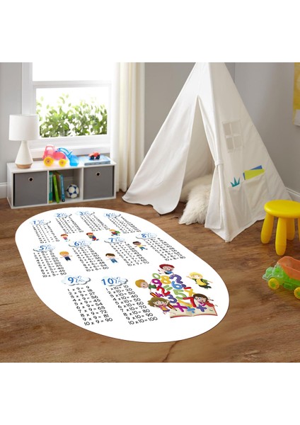 Dijital Baskılı Kaymaz Yıkanabilir Eğlenceli Eğitici Oval Çocuk Odası Halısı, N-O-Çocuk-05-Beyaz,