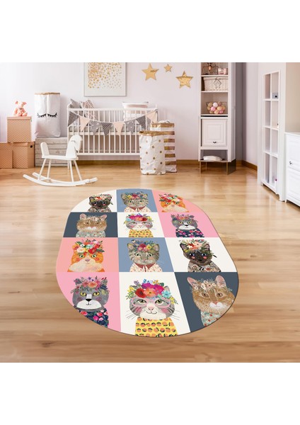 Dijital Baskılı Kaymaz Yıkanabilir Eğlenceli Eğitici Oval Çocuk Odası Halısı, N-O-Çocuk-11-Renkli,
