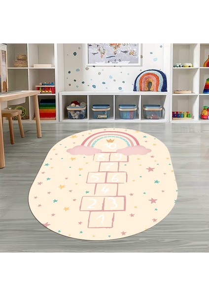 Dijital Baskılı Kaymaz Yıkanabilir Eğlenceli Eğitici Oval Çocuk Odası Halısı, N-O-Çocuk-12-Krem,