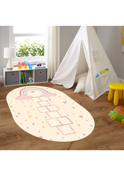Dijital Baskılı Kaymaz Yıkanabilir Eğlenceli Eğitici Oval Çocuk Odası Halısı, N-O-Çocuk-12-Krem,