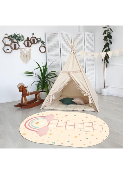 Dijital Baskılı Kaymaz Yıkanabilir Eğlenceli Eğitici Oval Çocuk Odası Halısı, N-O-Çocuk-12-Krem,
