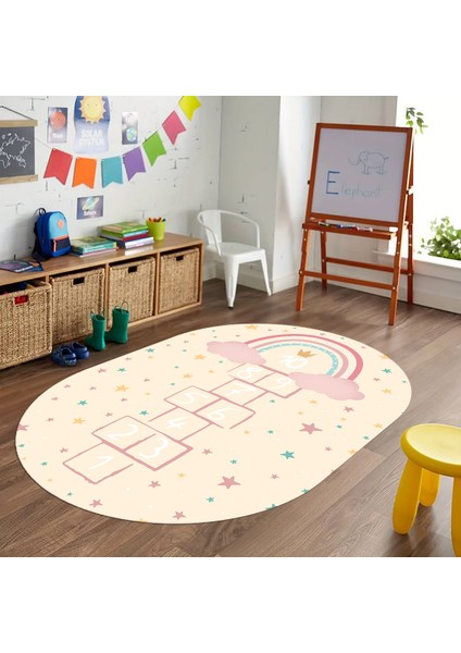 Dijital Baskılı Kaymaz Yıkanabilir Eğlenceli Eğitici Oval Çocuk Odası Halısı, N-O-Çocuk-12-Krem,