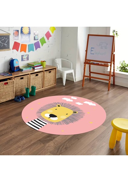 Dijital Baskılı Kaymaz Yıkanabilir Eğlenceli Yuvarlak Çocuk Odası Halısı, N-Y-Çocuk-25-Pembe,