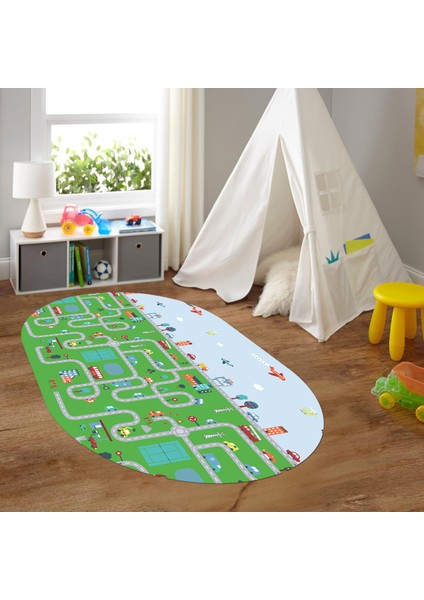 Dijital Baskılı Kaymaz Yıkanabilir Eğlenceli Eğitici Oval Çocuk Odası Halısı, N-O-Çocuk-19-Yeşil,