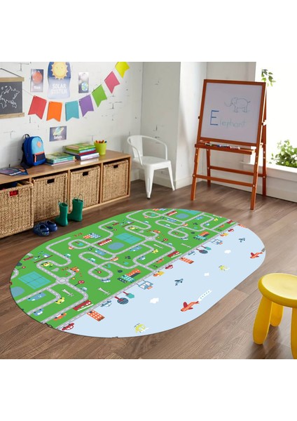 Dijital Baskılı Kaymaz Yıkanabilir Eğlenceli Eğitici Oval Çocuk Odası Halısı, N-O-Çocuk-19-Yeşil, modelleri
