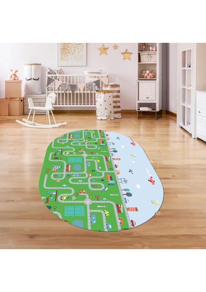 Dijital Baskılı Kaymaz Yıkanabilir Eğlenceli Eğitici Oval Çocuk Odası Halısı, N-O-Çocuk-19-Yeşil, fırsatları