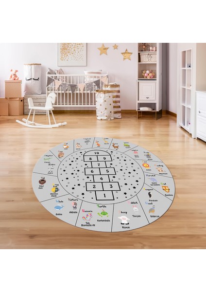 Dijital Baskılı Kaymaz Yıkanabilir Eğlenceli Yuvarlak Çocuk Odası Halısı, N-Y-Çocuk-36-Gri,