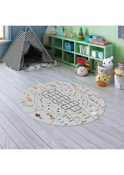Dijital Baskılı Kaymaz Yıkanabilir Eğlenceli Yuvarlak Çocuk Odası Halısı, N-Y-Çocuk-36-Gri, modelleri