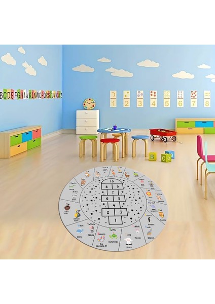 Dijital Baskılı Kaymaz Yıkanabilir Eğlenceli Yuvarlak Çocuk Odası Halısı, N-Y-Çocuk-36-Gri, fırsatları