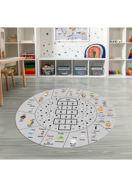 Dijital Baskılı Kaymaz Yıkanabilir Eğlenceli Yuvarlak Çocuk Odası Halısı, N-Y-Çocuk-36-Gri, indirimleri