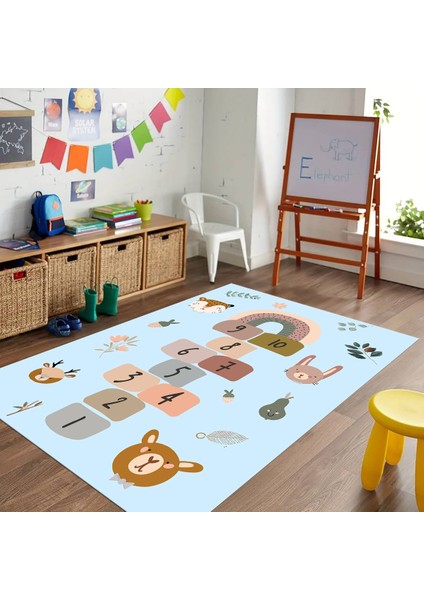 Dijital Baskılı Kaymaz Taban Yıkanabilir Eğlenceli Eğitici Çocuk Odası Halısı, N-Çocuk-29-Mavi,
