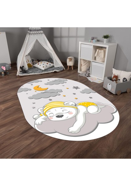Dijital Baskılı Kaymaz Yıkanabilir Eğlenceli Eğitici Oval Çocuk Odası Halısı, N-O-Çocuk-34-Gri,