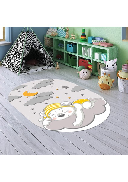 Dijital Baskılı Kaymaz Yıkanabilir Eğlenceli Eğitici Oval Çocuk Odası Halısı, N-O-Çocuk-34-Gri,