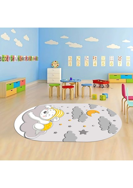 Dijital Baskılı Kaymaz Yıkanabilir Eğlenceli Eğitici Oval Çocuk Odası Halısı, N-O-Çocuk-34-Gri,