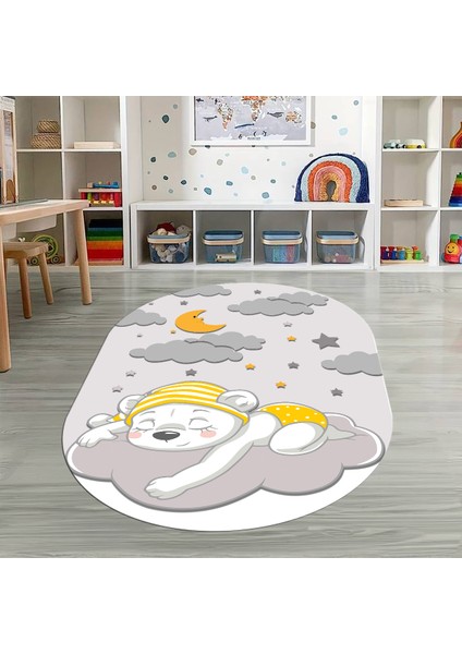 Dijital Baskılı Kaymaz Yıkanabilir Eğlenceli Eğitici Oval Çocuk Odası Halısı, N-O-Çocuk-34-Gri,