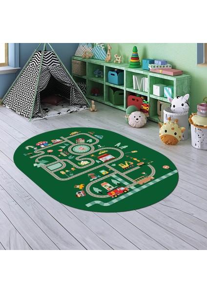 Dijital Baskılı Kaymaz Yıkanabilir Eğlenceli Eğitici Oval Çocuk Odası Halısı, N-O-Çocuk-48-Yeşil,