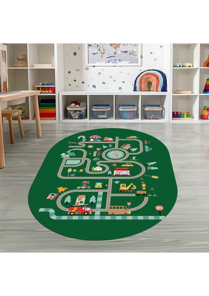 Dijital Baskılı Kaymaz Yıkanabilir Eğlenceli Eğitici Oval Çocuk Odası Halısı, N-O-Çocuk-48-Yeşil, modelleri