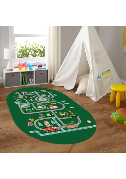 Dijital Baskılı Kaymaz Yıkanabilir Eğlenceli Eğitici Oval Çocuk Odası Halısı, N-O-Çocuk-48-Yeşil, fırsatları