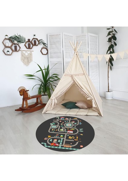 Dijital Baskılı Kaymaz Yıkanabilir Eğlenceli Yuvarlak Çocuk Odası Halısı, N-Y-Çocuk-48-Antrasit, indirimleri