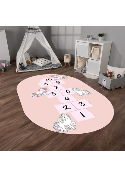 Dijital Baskılı Kaymaz Yıkanabilir Eğlenceli Eğitici Oval Çocuk Odası Halısı, N-O-Çocuk-37-Pembe, fiyatları