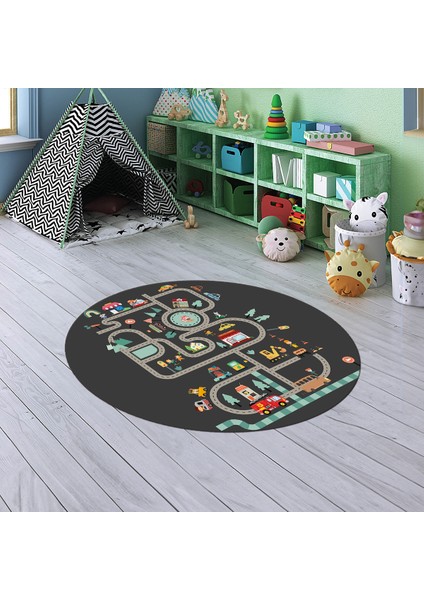Dijital Baskılı Kaymaz Yıkanabilir Eğlenceli Yuvarlak Çocuk Odası Halısı, N-Y-Çocuk-48-Antrasit,