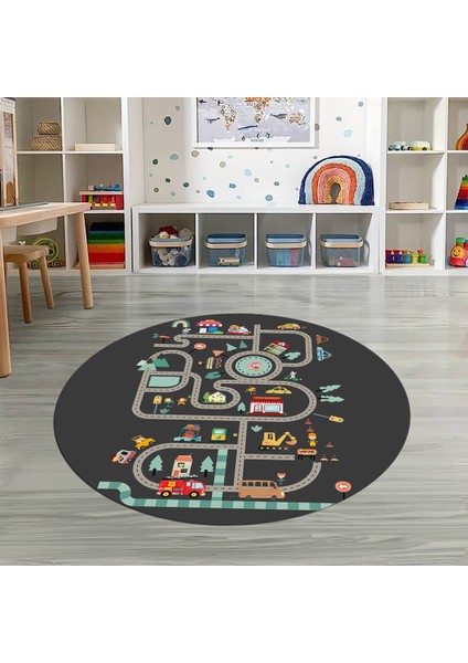 Dijital Baskılı Kaymaz Yıkanabilir Eğlenceli Yuvarlak Çocuk Odası Halısı, N-Y-Çocuk-48-Antrasit, modelleri