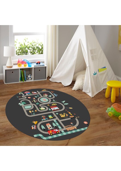 Dijital Baskılı Kaymaz Yıkanabilir Eğlenceli Yuvarlak Çocuk Odası Halısı, N-Y-Çocuk-48-Antrasit, fırsatları