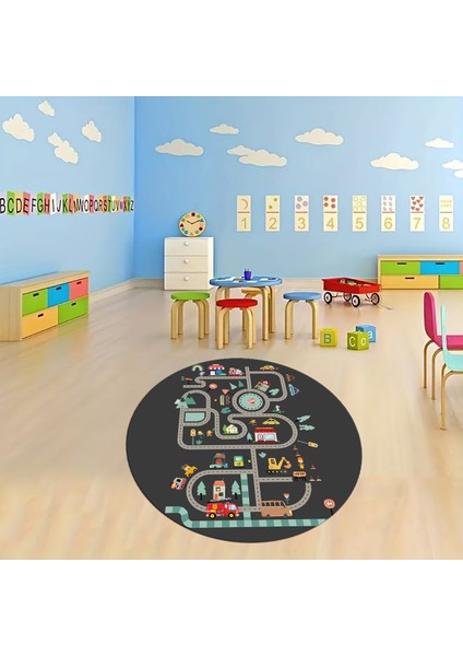 Dijital Baskılı Kaymaz Yıkanabilir Eğlenceli Yuvarlak Çocuk Odası Halısı, N-Y-Çocuk-48-Antrasit, fiyatları