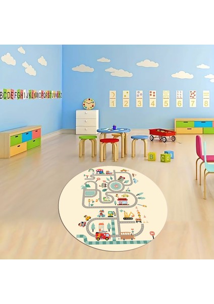 Dijital Baskılı Kaymaz Yıkanabilir Eğlenceli Yuvarlak Çocuk Odası Halısı, N-Y-Çocuk-48-Krem, fiyatları