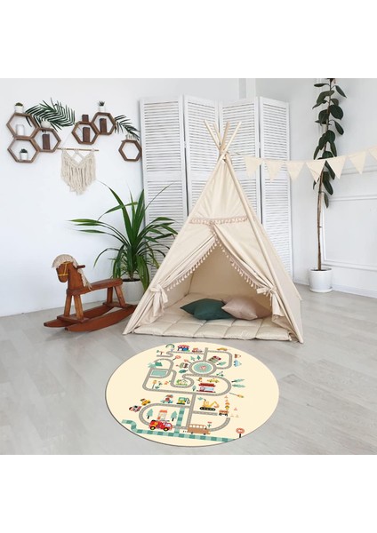 Dijital Baskılı Kaymaz Yıkanabilir Eğlenceli Yuvarlak Çocuk Odası Halısı, N-Y-Çocuk-48-Krem, indirimleri