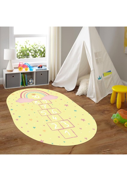 Dijital Baskılı Kaymaz Yıkanabilir Eğlenceli Eğitici Oval Çocuk Odası Halısı, N-O-Çocuk-12-Sarı,