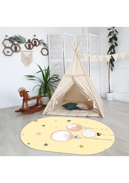 Dijital Baskılı Kaymaz Yıkanabilir Eğlenceli Eğitici Oval Çocuk Odası Halısı, N-O-Çocuk-24-Krem,