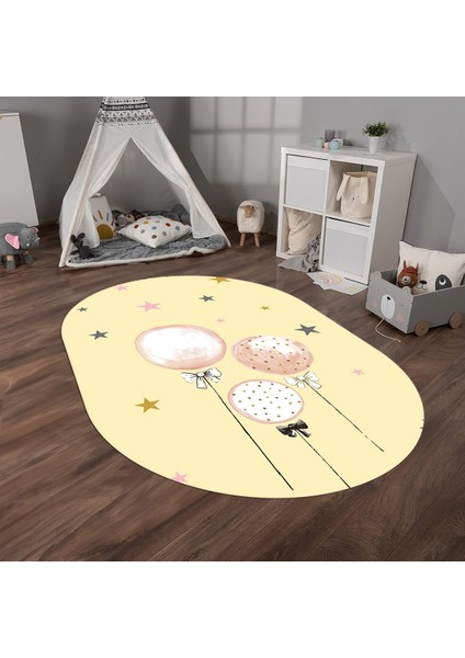 Dijital Baskılı Kaymaz Yıkanabilir Eğlenceli Eğitici Oval Çocuk Odası Halısı, N-O-Çocuk-24-Krem, fırsatları