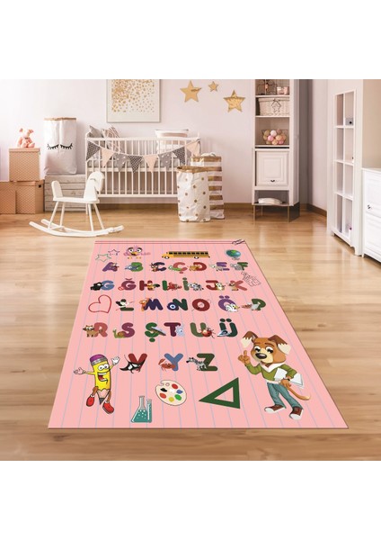 Dijital Baskılı Kaymaz Taban Yıkanabilir Eğlenceli Eğitici Çocuk Odası Halısı, N-Çocuk-33-Pembe,