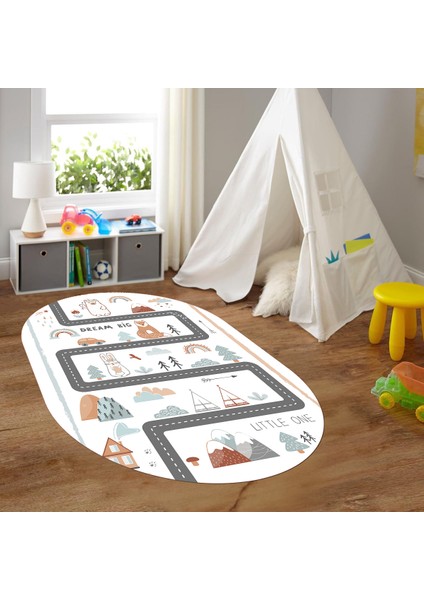 Dijital Baskılı Kaymaz Yıkanabilir Eğlenceli Eğitici Oval Çocuk Odası Halısı, N-O-Çocuk-16-Beyaz,