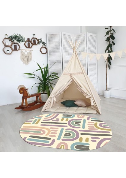 Dijital Baskılı Kaymaz Yıkanabilir Eğlenceli Eğitici Oval Çocuk Odası Halısı, N-O-Çocuk-26-Krem,
