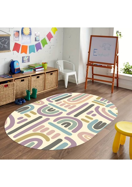 Dijital Baskılı Kaymaz Yıkanabilir Eğlenceli Eğitici Oval Çocuk Odası Halısı, N-O-Çocuk-26-Krem,