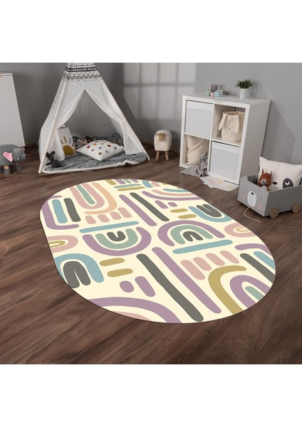 Dijital Baskılı Kaymaz Yıkanabilir Eğlenceli Eğitici Oval Çocuk Odası Halısı, N-O-Çocuk-26-Krem,