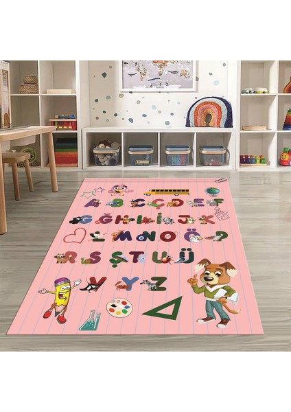 Dijital Baskılı Kaymaz Taban Yıkanabilir Eğlenceli Eğitici Çocuk Odası Halısı, N-Çocuk-33-Pembe, indirimleri