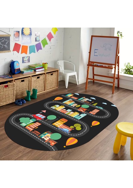 Dijital Baskılı Kaymaz Yıkanabilir Eğlenceli Eğitici Oval Çocuk Odası Halısı, N-O-Çocuk-18-Antrasit, modelleri