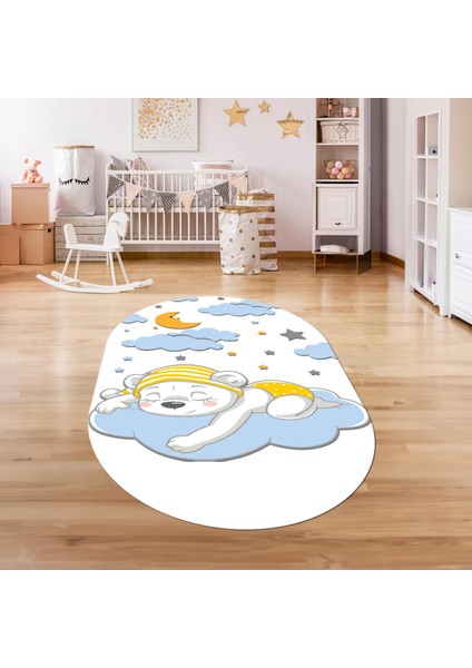 Dijital Baskılı Kaymaz Yıkanabilir Eğlenceli Eğitici Oval Çocuk Odası Halısı, N-O-Çocuk-34-Mavi,