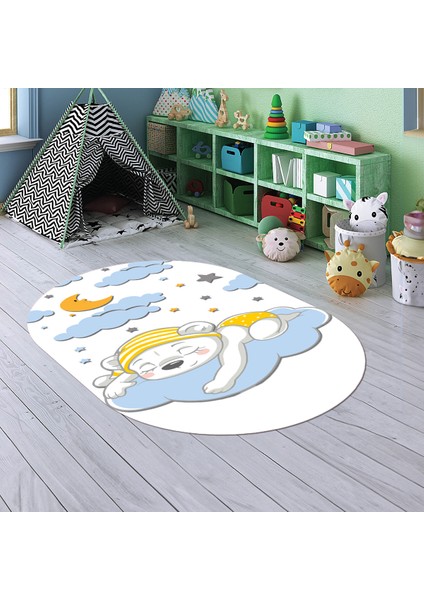 Dijital Baskılı Kaymaz Yıkanabilir Eğlenceli Eğitici Oval Çocuk Odası Halısı, N-O-Çocuk-34-Mavi, modelleri