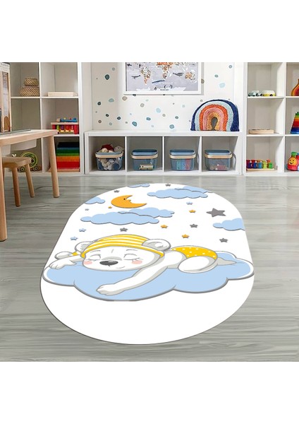Dijital Baskılı Kaymaz Yıkanabilir Eğlenceli Eğitici Oval Çocuk Odası Halısı, N-O-Çocuk-34-Mavi, indirimleri