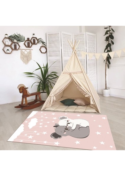 Dijital Baskılı Kaymaz Taban Yıkanabilir Eğlenceli Eğitici Çocuk Odası Halısı, N-Çocuk-22-Pembe,