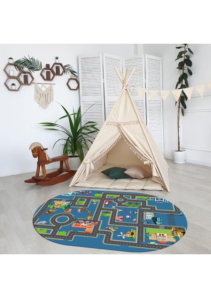 Dijital Baskılı Kaymaz Yıkanabilir Eğlenceli Eğitici Oval Çocuk Odası Halısı, N-O-Çocuk-20-Mavi,