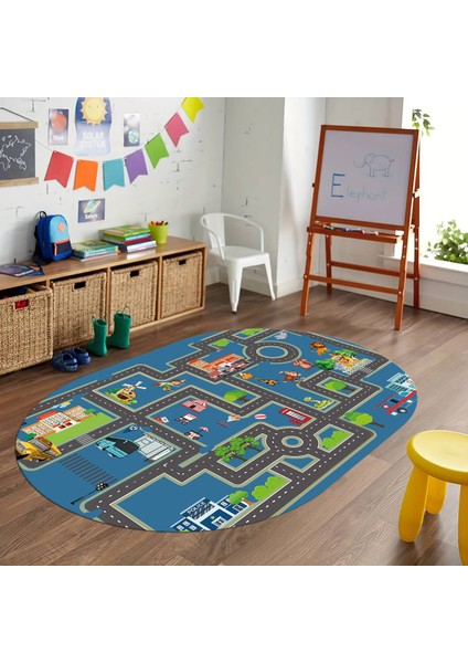 Dijital Baskılı Kaymaz Yıkanabilir Eğlenceli Eğitici Oval Çocuk Odası Halısı, N-O-Çocuk-20-Mavi,