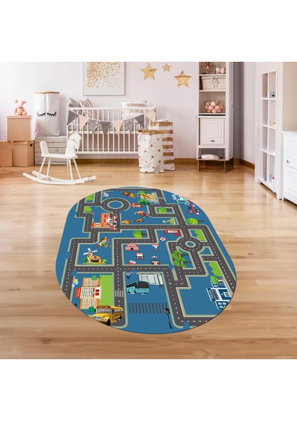 Dijital Baskılı Kaymaz Yıkanabilir Eğlenceli Eğitici Oval Çocuk Odası Halısı, N-O-Çocuk-20-Mavi,