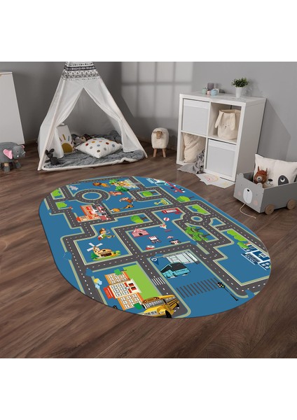 Dijital Baskılı Kaymaz Yıkanabilir Eğlenceli Eğitici Oval Çocuk Odası Halısı, N-O-Çocuk-20-Mavi,