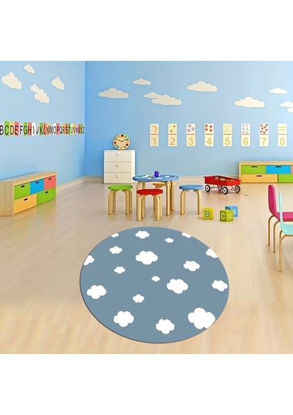 Dijital Baskılı Kaymaz Yıkanabilir Eğlenceli Yuvarlak Çocuk Odası Halısı, N-Y-Çocuk-08-Mavi,