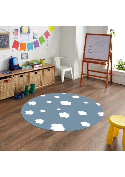 Dijital Baskılı Kaymaz Yıkanabilir Eğlenceli Yuvarlak Çocuk Odası Halısı, N-Y-Çocuk-08-Mavi,
